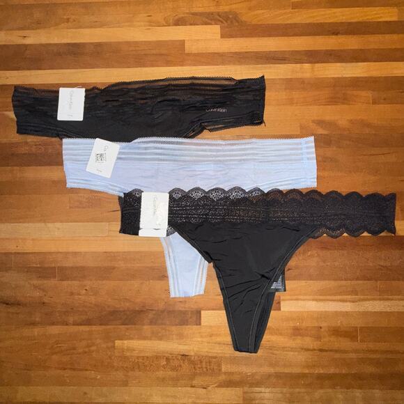 Set of 3 Calvin Klein assorted thong panty black/blue/black large - Picture 1 of 15